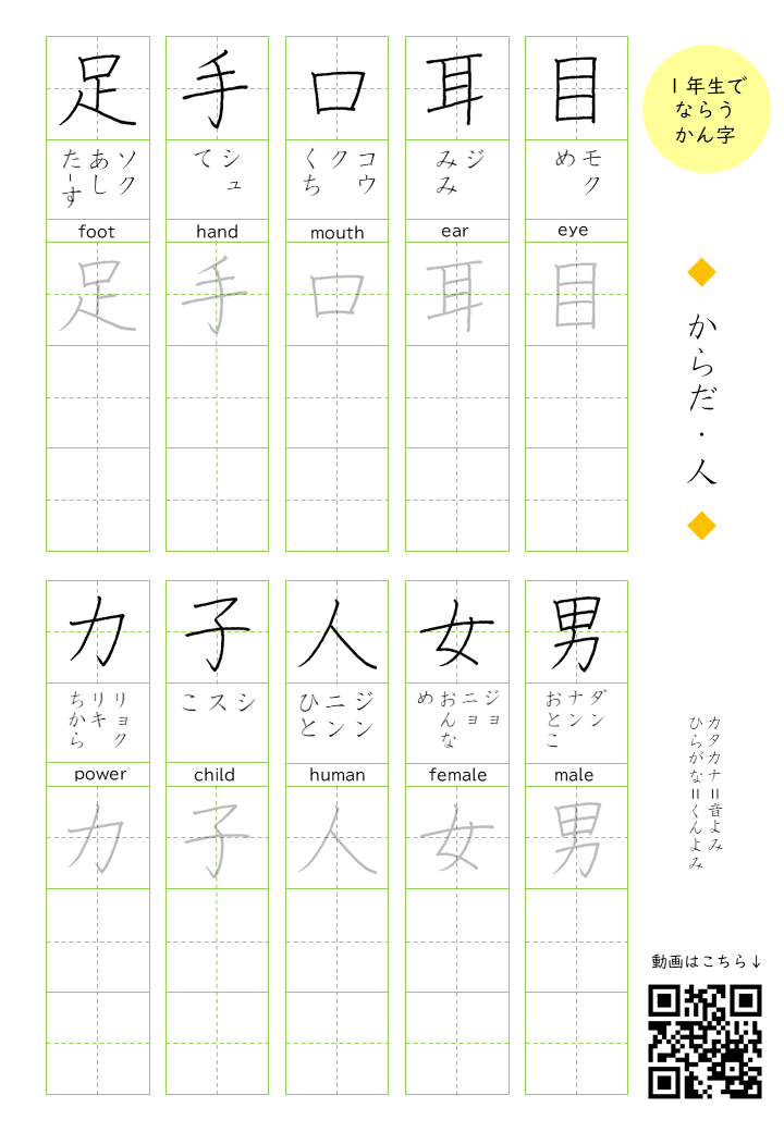小学1年生で習う漢字 からだ 人 編 書家 目時白珠 公式ウェブサイト